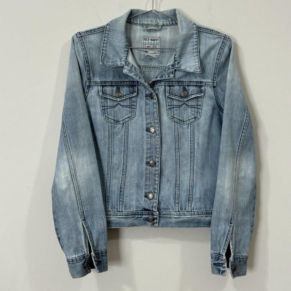 OLD NAVY Jean Jacket Womens MEDIUM Distressed Trucker Light Wash 90s Y2K Vintage